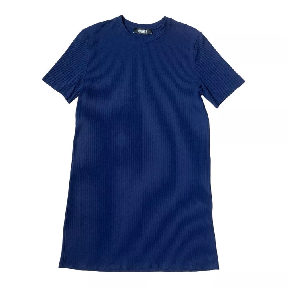 Reformation Mini Dress Navy Blue Ribbed Short Sleeve Crew Neck Fit & Flare Sz M
